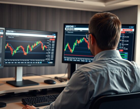 Trader analyzing USD/CAD forex chart with Fibonacci retracement levels on multiple monitors in a modern trading office.