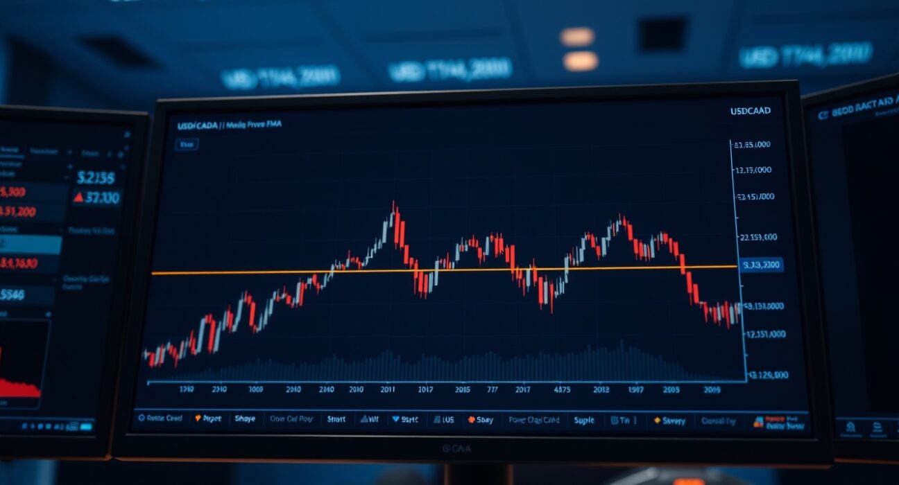 USD/CAD forex chart showing price flat below 1.3700 with 100-day EMA resistance line visible.
