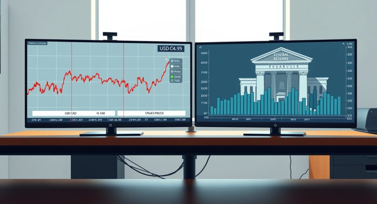 USD/CAD exchange rate chart flat as oil prices and Federal Reserve policy offset each other.