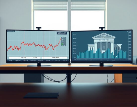 USD/CAD exchange rate chart flat as oil prices and Federal Reserve policy offset each other.