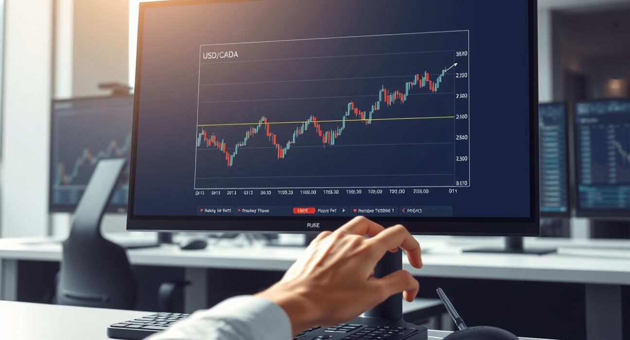 USD/CAD forex chart showing a flat trend on a trading desk monitor after Trump's Iran decision.