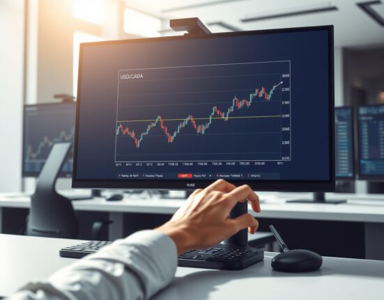 USD/CAD forex chart showing a flat trend on a trading desk monitor after Trump's Iran decision.
