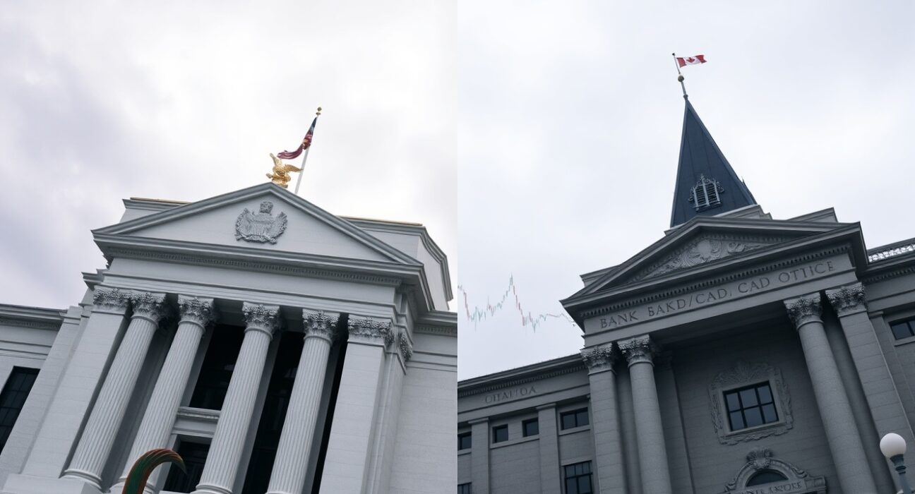 USD/CAD exchange rate chart flatlining below 1.3700 ahead of Fed and BoC rate decisions, with Federal Reserve and Bank of Canada buildings in background.