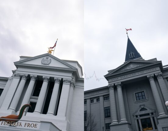 USD/CAD exchange rate chart flatlining below 1.3700 ahead of Fed and BoC rate decisions, with Federal Reserve and Bank of Canada buildings in background.