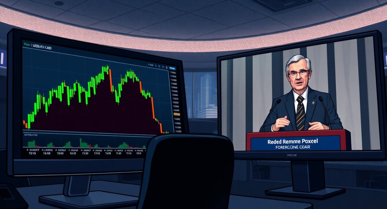 USD/CAD forex chart spike fades as Federal Reserve Chair Jerome Powell speaks at press conference, reflecting market reaction to FOMC decision.