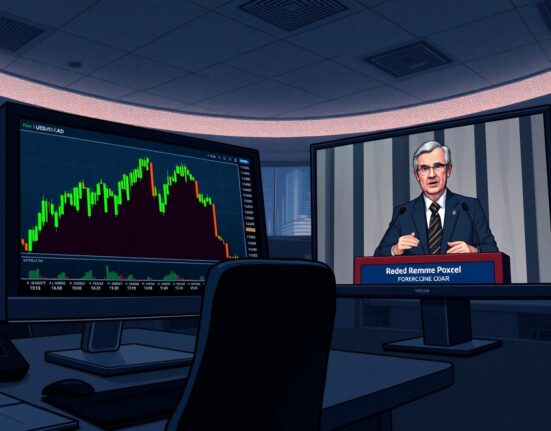 USD/CAD forex chart spike fades as Federal Reserve Chair Jerome Powell speaks at press conference, reflecting market reaction to FOMC decision.