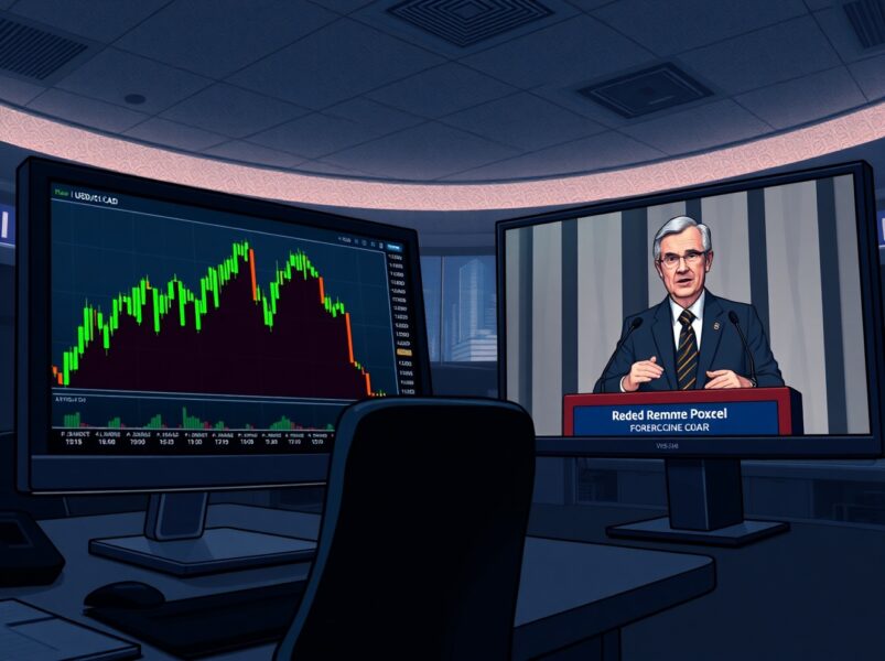 USD/CAD forex chart spike fades as Federal Reserve Chair Jerome Powell speaks at press conference, reflecting market reaction to FOMC decision.