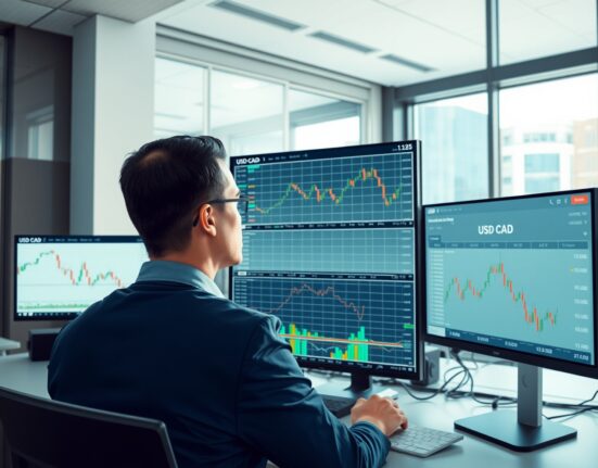 Financial analyst examining USD/CAD exchange rate charts showing Canadian dollar strength approaching 1.35 level