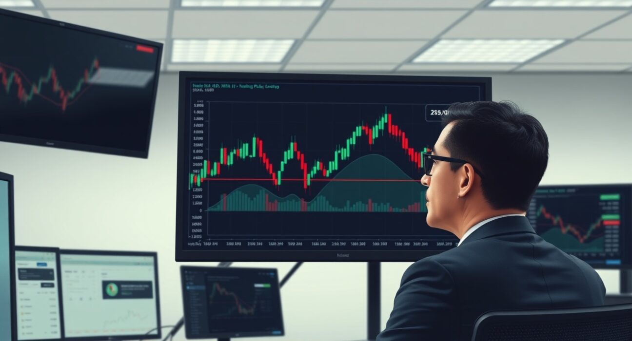 Forex trader analyzing USD/CAD chart at key 200-day moving average level for market forecast.