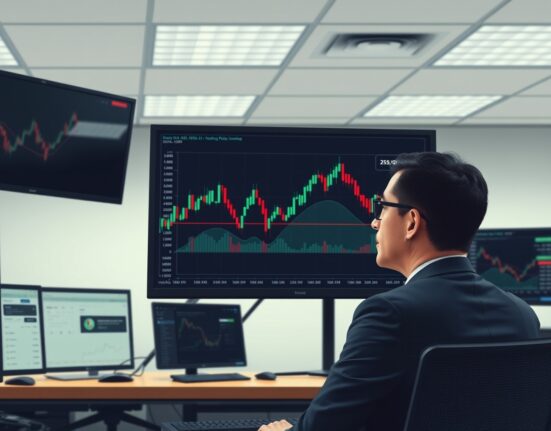 Forex trader analyzing USD/CAD chart at key 200-day moving average level for market forecast.