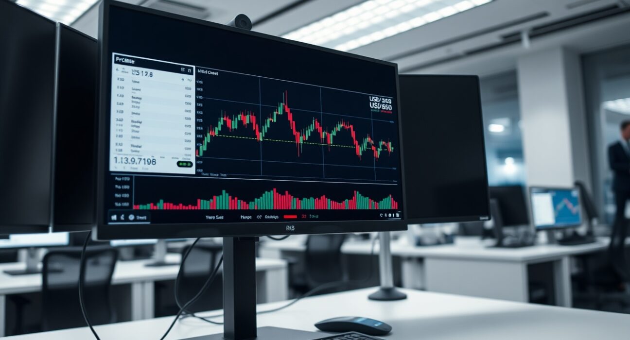 USD/CAD forex chart analysis showing price at 1.3650 with a bearish RSI indicator on a trader's monitor.