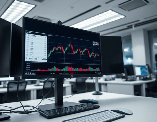 USD/CAD forex chart analysis showing price at 1.3650 with a bearish RSI indicator on a trader's monitor.