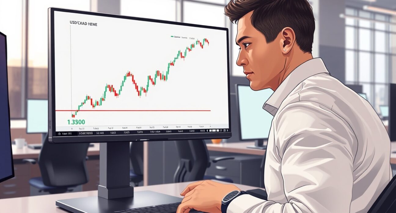 Forex trader analyzing a USD/CAD price chart showing a bullish breakout above the 1.3800 level.