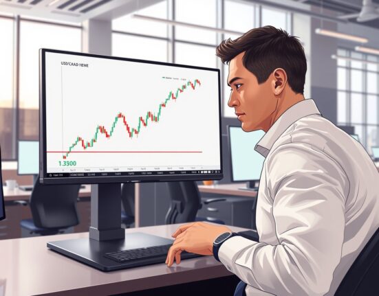 Forex trader analyzing a USD/CAD price chart showing a bullish breakout above the 1.3800 level.