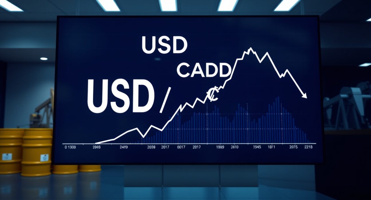 USD/CAD currency pair on a trading screen with downward trend and oil barrels in background