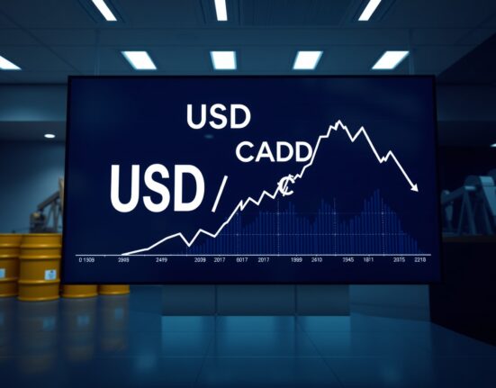 USD/CAD currency pair on a trading screen with downward trend and oil barrels in background