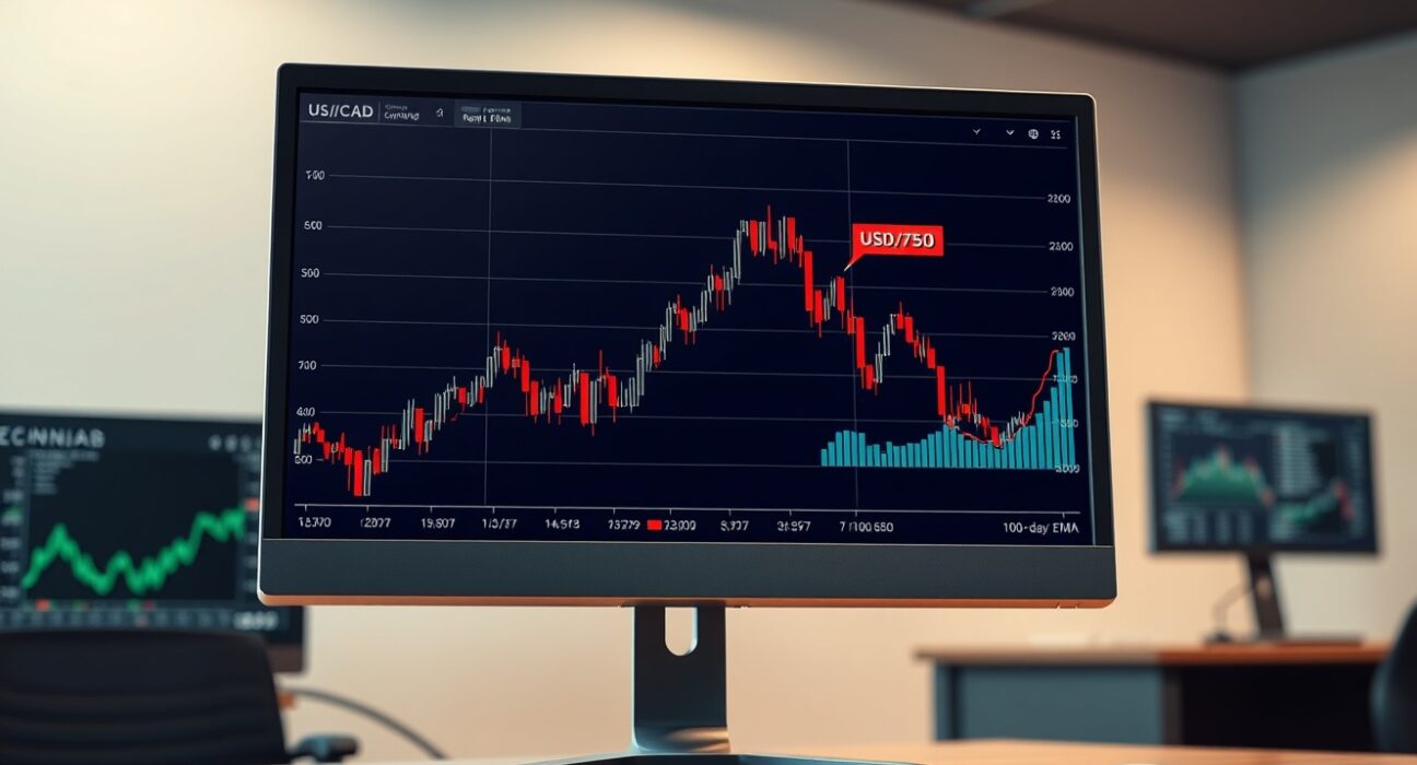 USD/CAD forecast chart showing price below 1.3750 with 100-day EMA resistance on a trading desk monitor.