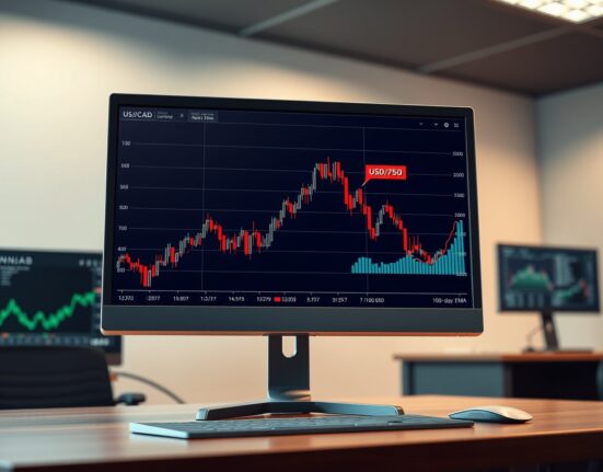USD/CAD forecast chart showing price below 1.3750 with 100-day EMA resistance on a trading desk monitor.