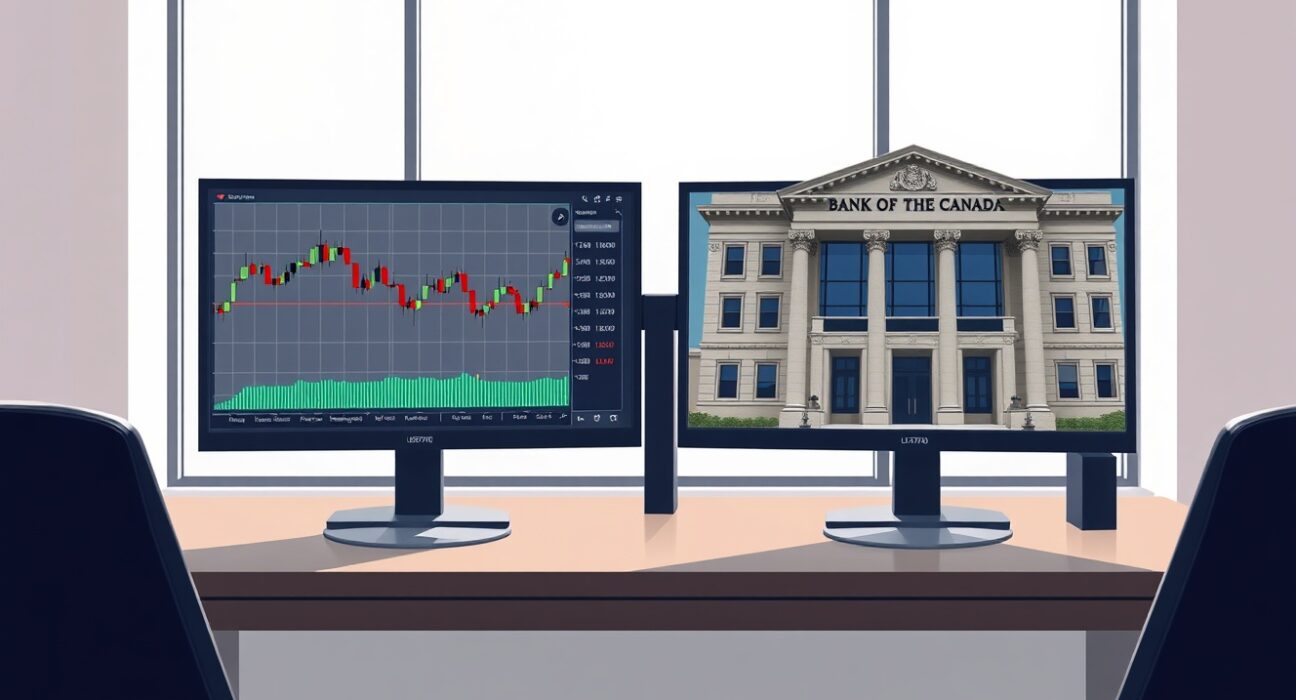 USD/CAD currency pair chart analysis alongside Federal Reserve and Bank of Canada policy focus.