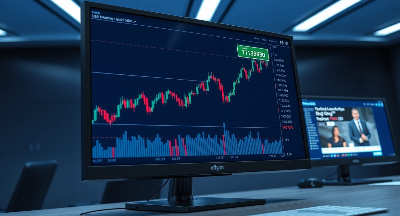 USD/CAD forex chart analysis showing price surge amid Iran conflict news on trading desk monitors.