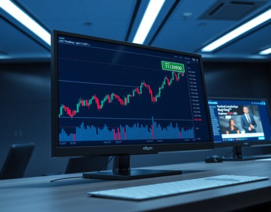 USD/CAD forex chart analysis showing price surge amid Iran conflict news on trading desk monitors.