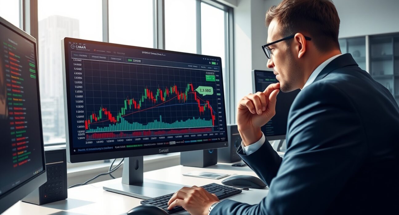 Professional trader analyzing USD/CAD forex chart ahead of US jobs data release.