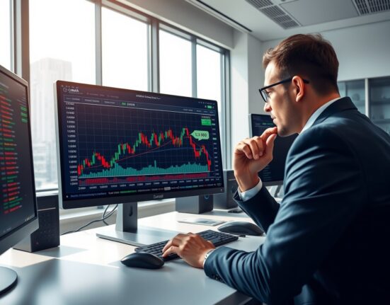 Professional trader analyzing USD/CAD forex chart ahead of US jobs data release.