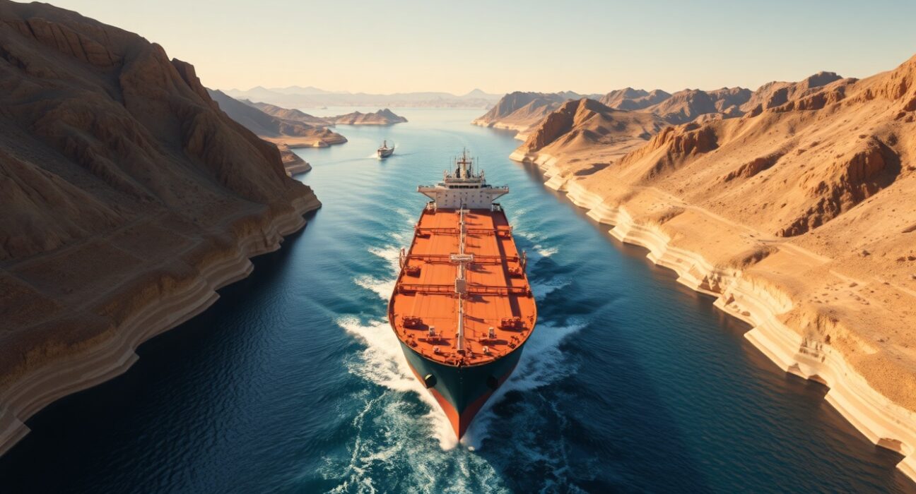 Oil tanker navigating the strategic Strait of Hormuz, representing geopolitical risks affecting USD/CAD forecast.