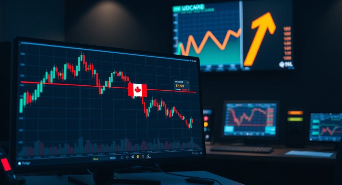 Forex trading screen showing USD/CAD chart with Canadian flag and oil price chart in background