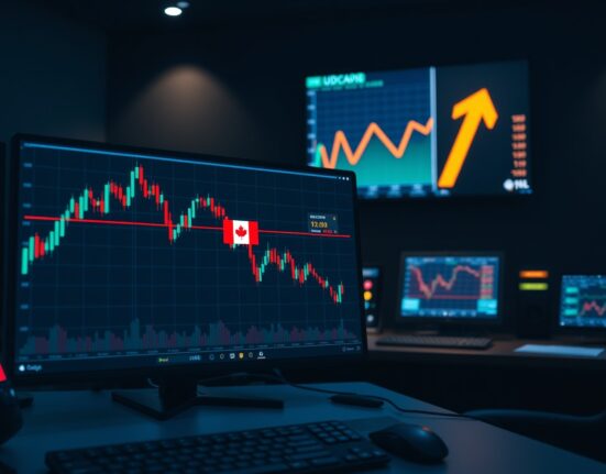 Forex trading screen showing USD/CAD chart with Canadian flag and oil price chart in background