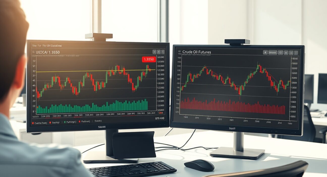 USD/CAD and oil price charts on trading desk monitors showing correlation analysis for currency forecast