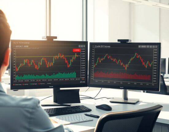 USD/CAD and oil price charts on trading desk monitors showing correlation analysis for currency forecast