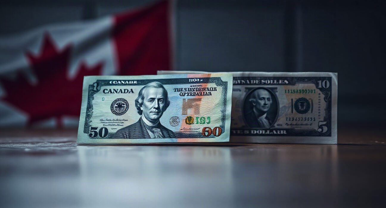 Canadian and US dollar banknotes side by side, symbolizing the trade war pressure on the Canadian dollar.