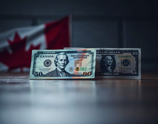 Canadian and US dollar banknotes side by side, symbolizing the trade war pressure on the Canadian dollar.