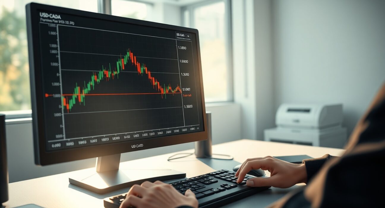 USD/CAD currency pair technical analysis chart showing critical 1.3600 level on professional trading desk