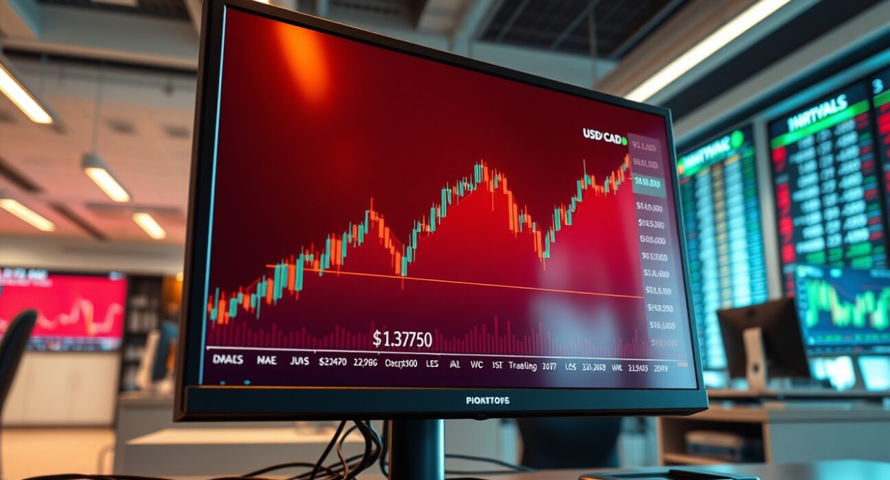 USD/CAD forecast analysis showing the currency pair's surge on a professional trading desk monitor.