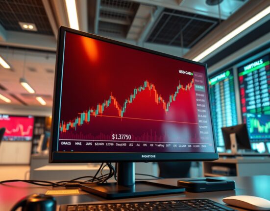 USD/CAD forecast analysis showing the currency pair's surge on a professional trading desk monitor.