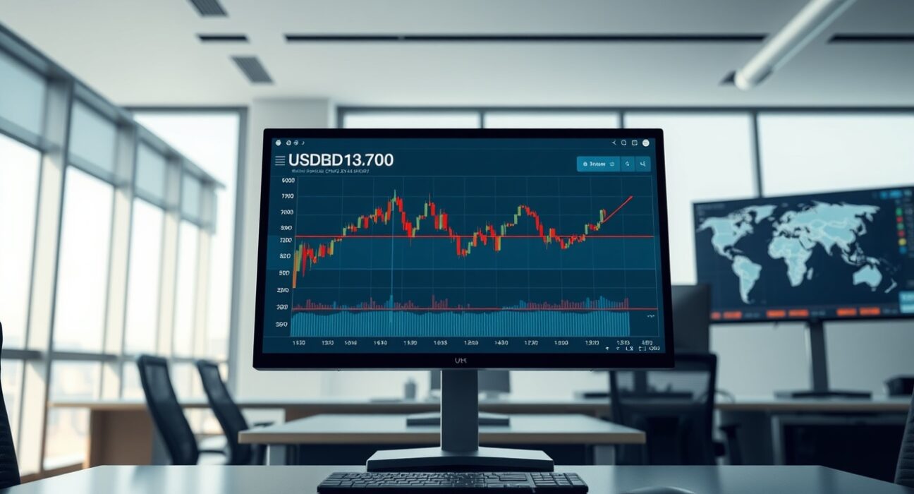 USD/CAD forex chart analysis showing price above 1.3700 on trading desk monitor