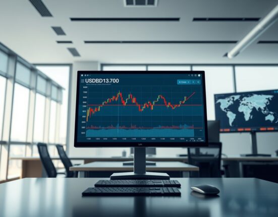 USD/CAD forex chart analysis showing price above 1.3700 on trading desk monitor