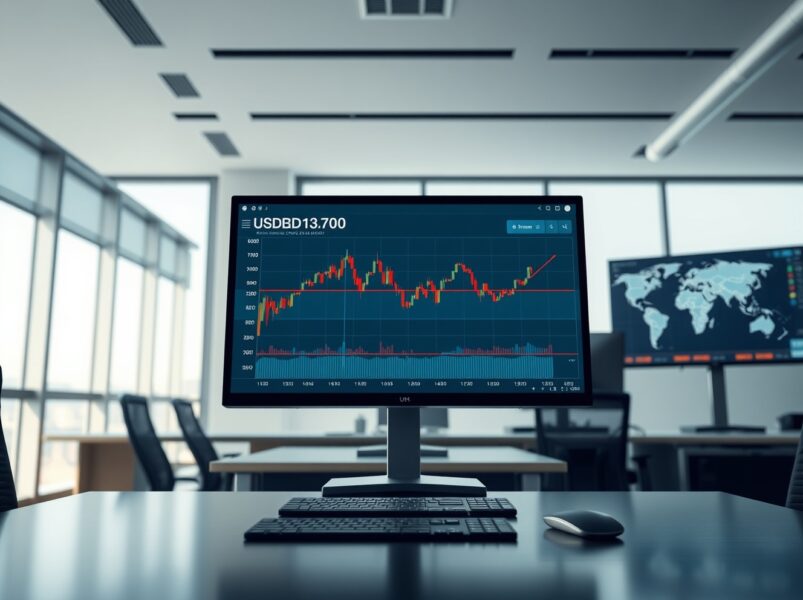 USD/CAD forex chart analysis showing price above 1.3700 on trading desk monitor
