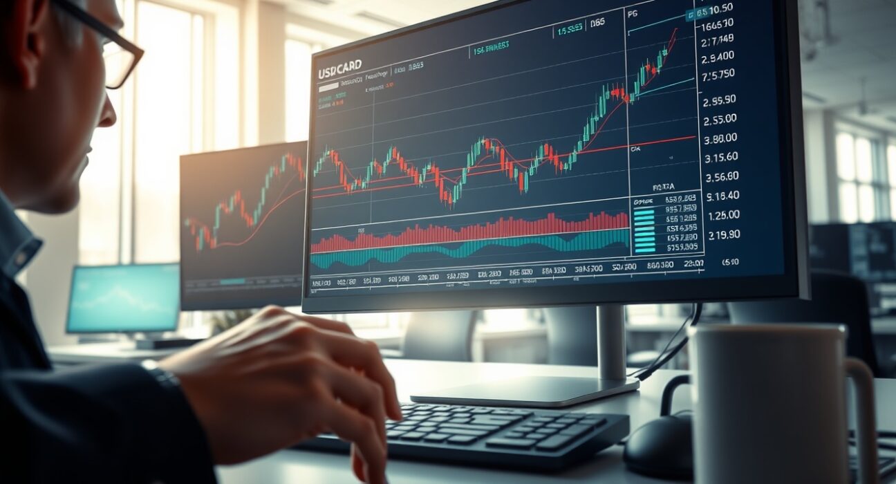 USD/CAD currency pair analysis on trading desk monitor showing market volatility amid geopolitical events.