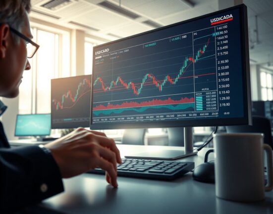 USD/CAD currency pair analysis on trading desk monitor showing market volatility amid geopolitical events.