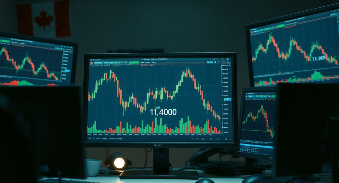 Forex trading monitors showing USD/CAD chart near 1.4000 with overbought RSI indicator