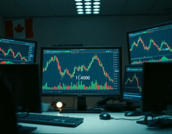 Forex trading monitors showing USD/CAD chart near 1.4000 with overbought RSI indicator