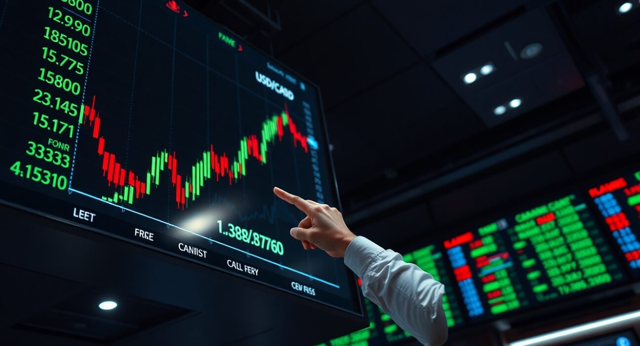 Analyst pointing at USD/CAD chart showing price above 1.3800 on trading floor monitors