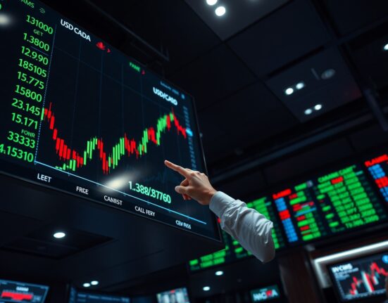 Analyst pointing at USD/CAD chart showing price above 1.3800 on trading floor monitors