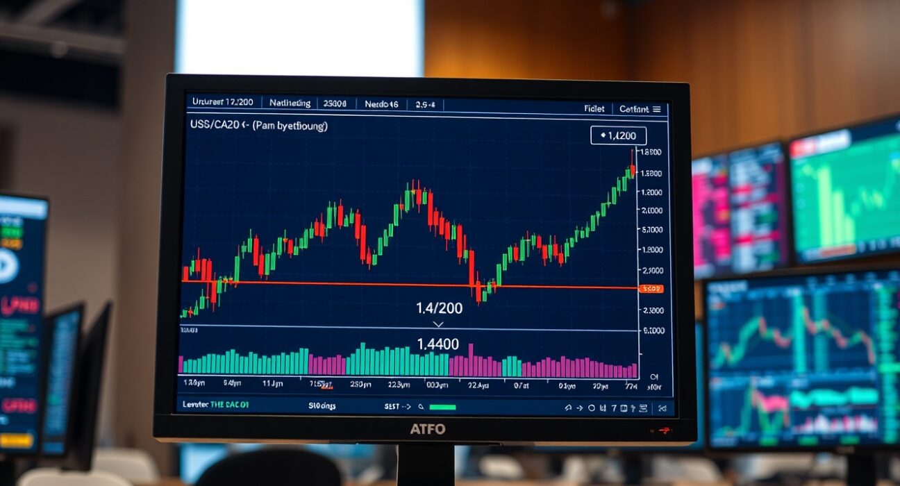 USD/CAD forex chart showing price below 1.4200 with overbought RSI indicator on trading desk monitor