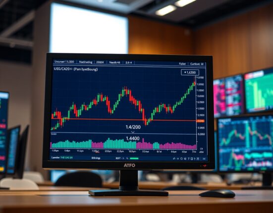 USD/CAD forex chart showing price below 1.4200 with overbought RSI indicator on trading desk monitor