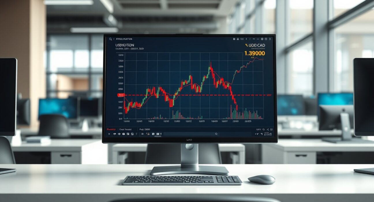 USD/CAD currency pair chart displayed on professional trading monitor showing 1.3900 level.