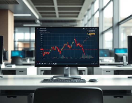 USD/CAD currency pair chart displayed on professional trading monitor showing 1.3900 level.